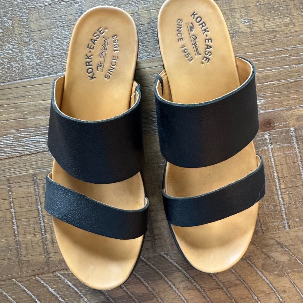 Kork-Ease Black and Tan Slide Sandals with Double Straps